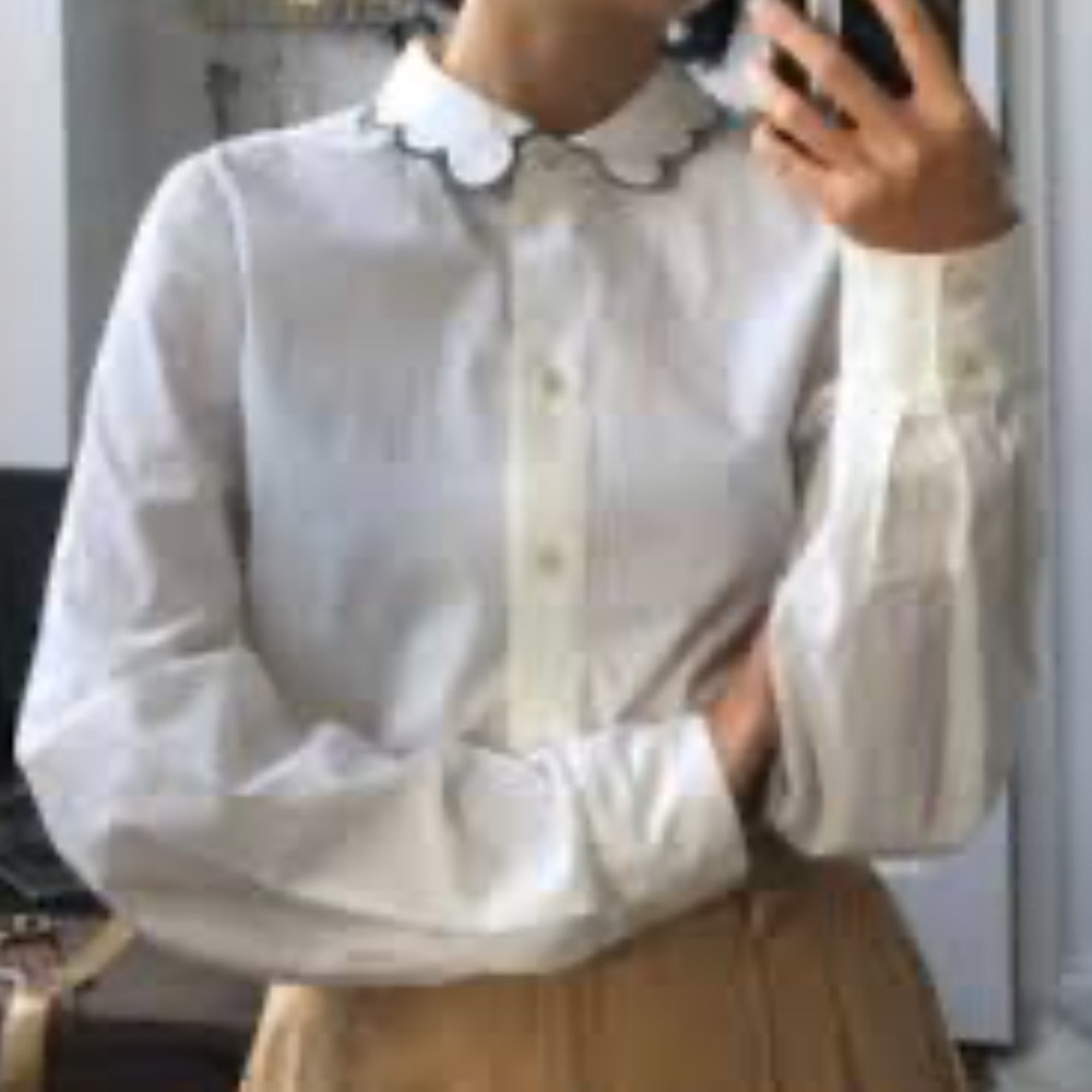 Kate Spade White Navy Oxford Scallop Button Down 0